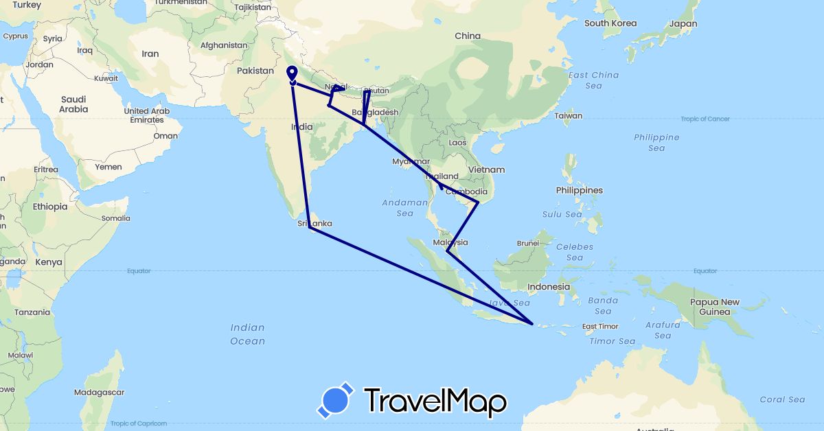 TravelMap itinerary: driving in Bhutan, Indonesia, India, Sri Lanka, Malaysia, Nepal, Singapore, Thailand, Vietnam (Asia)